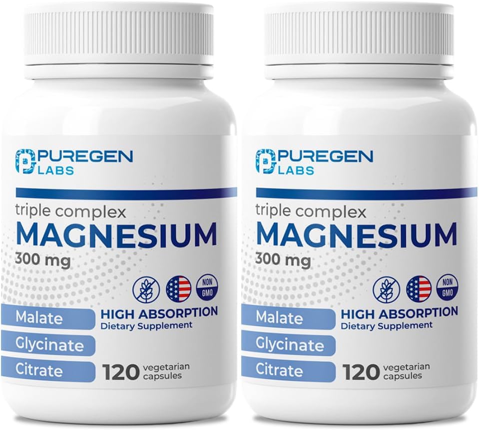 Puregen Labs Triple Magnesium Complex 300mg of Magnesium Glycinate, Malate, & Citrate [High Absorption] Total 240 Veg Capsules | No Harmful Additives | Non-GMO, NO Gluten and Dairy | Made in USA