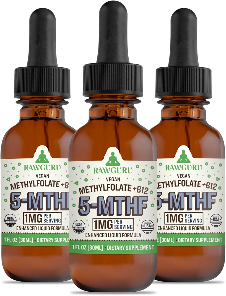 RawGuru Methylfolate 1mg+ Vitamina B12 - Organic Vegan Methylated B12 with Trace Minerals - Nano-Procesado &amp; Enhanced Liquid Formula - 300 Servimientos de gotas Vegan por 30 ml, Pack de 3