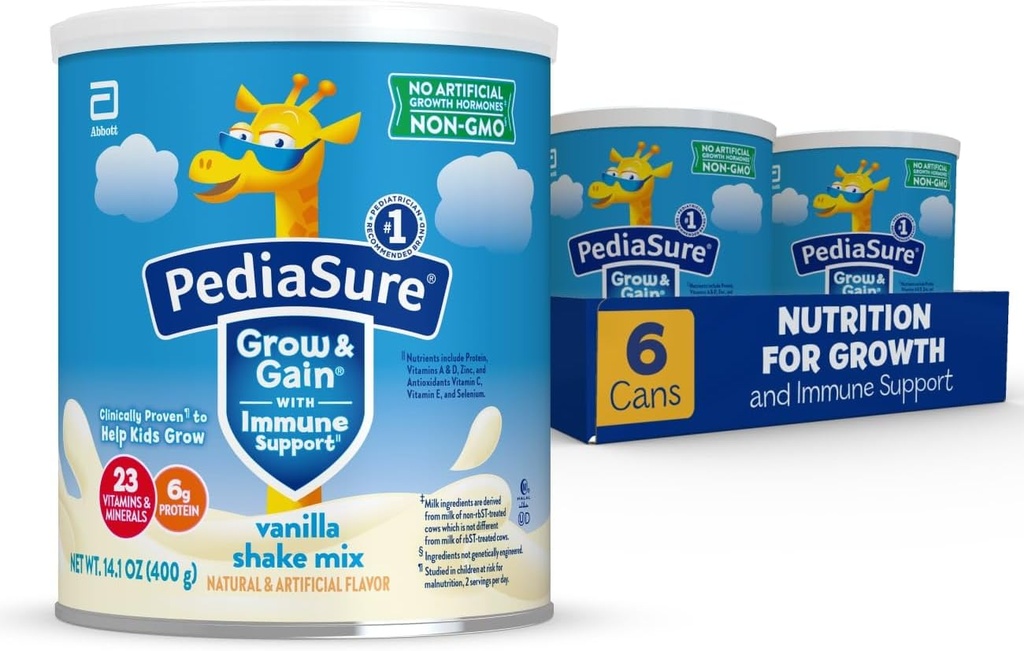 PediaSure Grow &amp; Gain with Immune Support Shake Mix Powder, 23 Vitaminas & Minerals, 6g Protein, Non-GMO, Gluten-Free, Kids Nutrition, Vanilla, 14.1 oz Can, Pack de 6-48 porciones