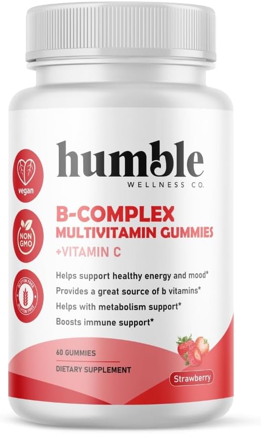 B-Complex Gummies multivitamínicas + Vitamina C: Vitamina B12, B7, B6, B3, B5, B9. Apoyo a la energía y el mood, Metabolismo Soporte, Immune Support, Gluten Free, Non GMO, Vegan, 30 Servings