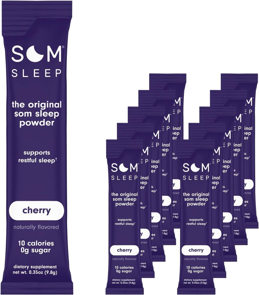 Som Sleep, Restful Sleep Powder Drink Mix w/Melatonin, Magnesium, Vitamina B6, L-Theanine & GABA – Vegan, Zero Sugar, Keto Friendly – Cherry, 10-Pack
