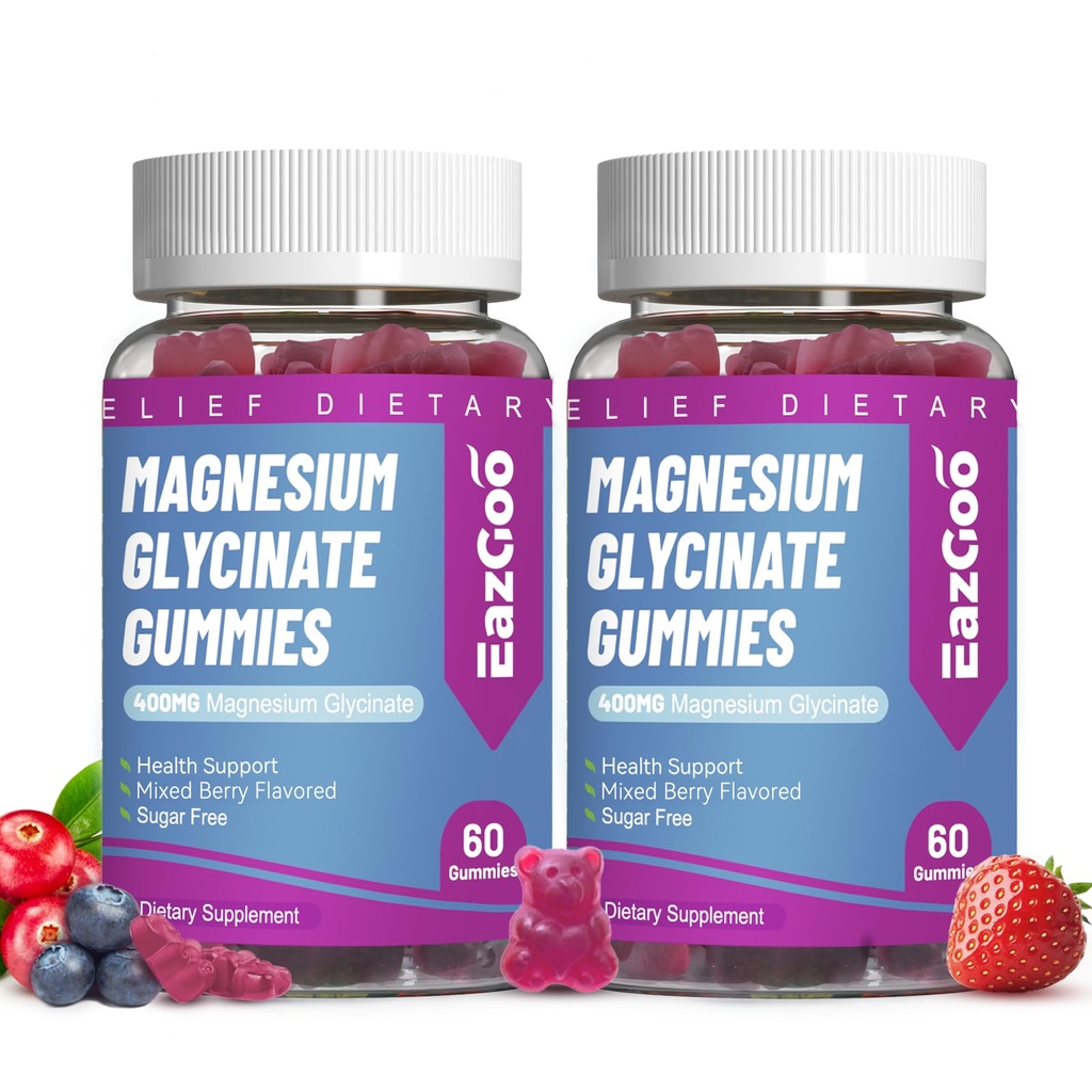 Magnesio Glycinate Gummies 400mg con L-Threonine 200mg - Suplemento de Potasio de Magnesio Libre de Azúcar con vitamina D, B6, CoQ10 para el musculo - 120 mezclado de bayas saboreado