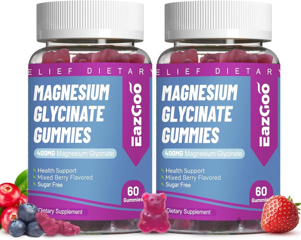 Magnesio Glycinate Gummies 400mg con L-Threonine 200mg - Suplemento de Potasio de Magnesio Libre de Azúcar con vitamina D, B6, CoQ10 para el musculo - 120 mezclado de bayas saboreado