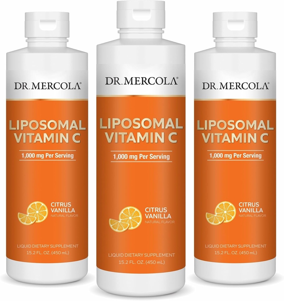 Dr. Mercola Liquid Liposomal Vitamina C - Antioxidante &amp; Immune Support Supplement - Incluye Vitamina E - GMO-Free, Gluten-Free &amp; Soy-Free - Citrus Vanilla Flavor - 450 mL (30 Servimientos) - 3 Pack