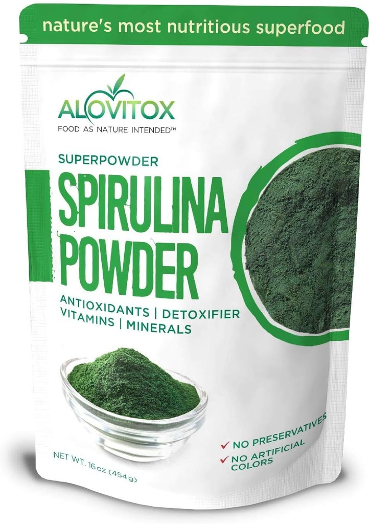 Alovitox Orgánica Espirulina Polvo ANTE Nutrient Dense Superalimentos con Antioxidantes, Proteínas, Vitamina A y B, Fibra, Omegas 3, 6 &amp; 9-100% Orgánica, No Aditivos/Colores, Gluten Free, Vegan, Non-GMO (1 lb)