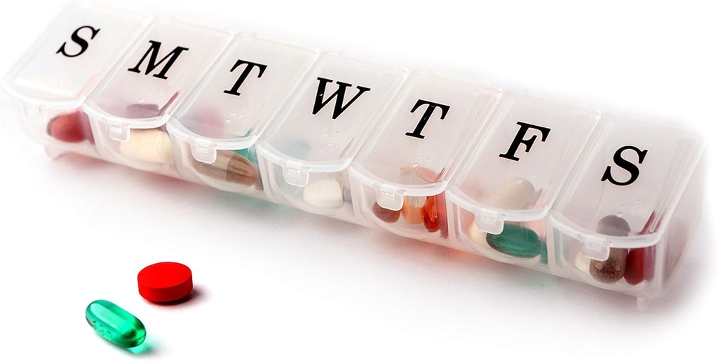 Deke Home - Organizador semanal de píldoras, caja de píldoras de 7 días con grandes combinaciones de tapas de Snap-Shut, Easy Open, BPA Organizador gratuito de medicina plástica para píldoras, vitaminas y suplementos, Viaje amigable