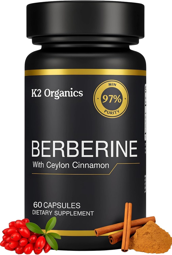 Berberina con canela de Ceylán 1200mg (60 cápsulas) – 97% pureza- no GMO, libre de gluten, suplemento de bereberina vegana de laboratorio