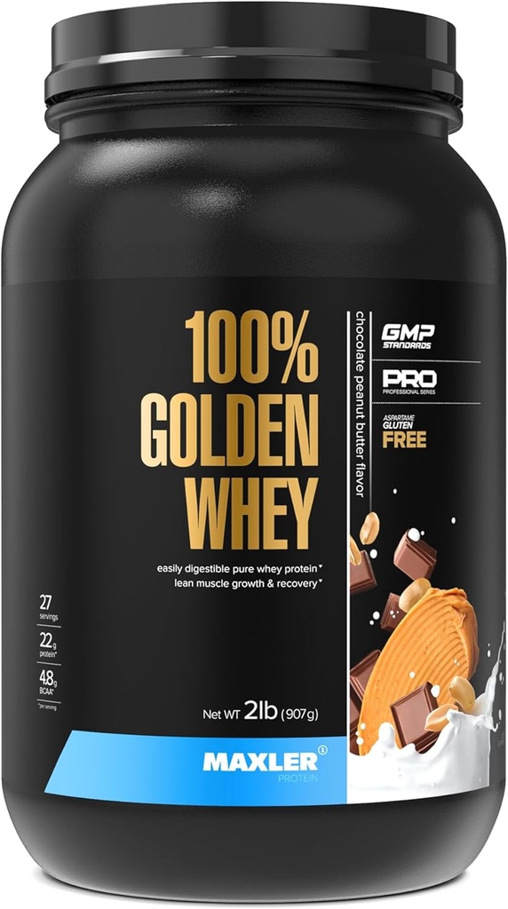 Maxler 100% Golden Whey Protein - 22g Protein por Serving - Premium Whey Protein Powder para Pre Post Workout - Fast-Absorbing Whey Concentrate Isolate Hydrolysate Blend - Chocolate Peanut Butter 2 lb
