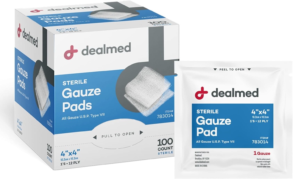 Paletas Sterile Gauze de 4’ x 4’ (100 Conde) Paletas de Gauze médico desechables y desechables individualmente, Wound Care Product for First Aid Kit and Medical Facilities (Pack of 1)