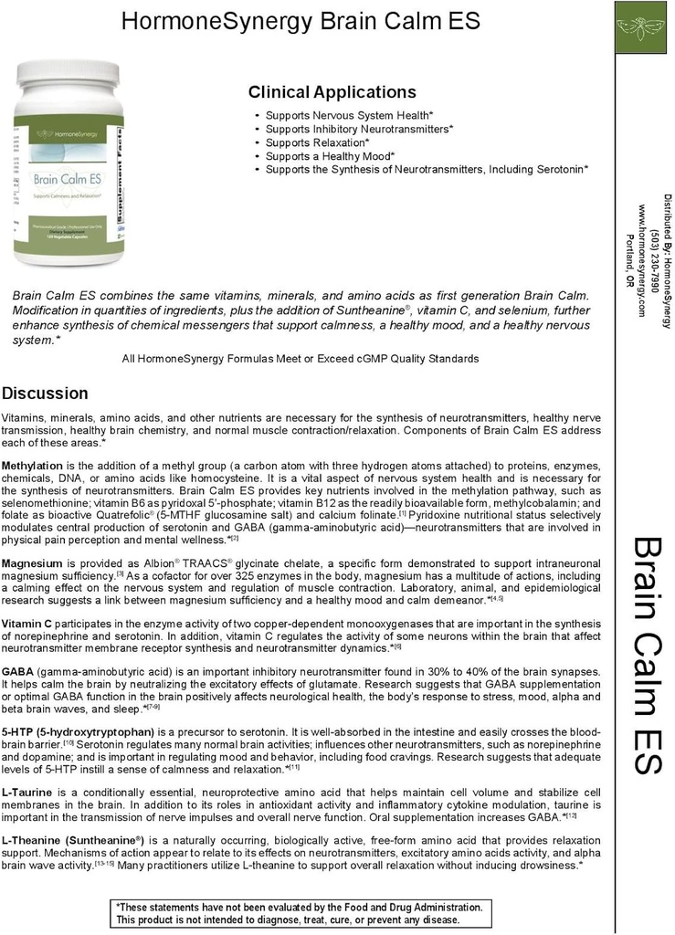 HormonasSynergy RetzlerRx® Brain Calm ES - Ultimate Support for Calmness & Relaxation - L-Theanine (Suntheanine®) - TRAACS® Albion® Chelated Minerals - GABA - 5-HTP - L-Taurine - 120 V-Caps