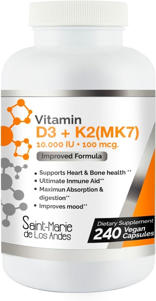 Vitamina D3 10,000 UI K2/MK7 100 mcg. Suplemento de alta potencia 8 meses de suministro. Non-GMO for Bone, Heart & Immune Support.