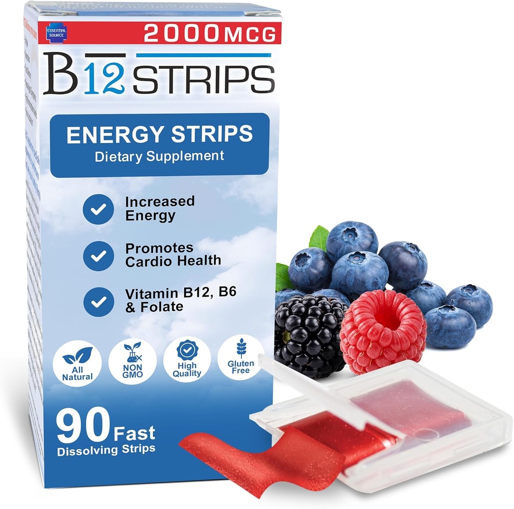 Essential Source 2,000 mcg Methylcobalamin Vitamin B12 Sublingual Energy Strips | Biotin, B6, 5-MTHF L-Methylfolate | Sublingual B12 Vitamins, Folate | Energy, Brain Health, Nerve Function - 90 Strips