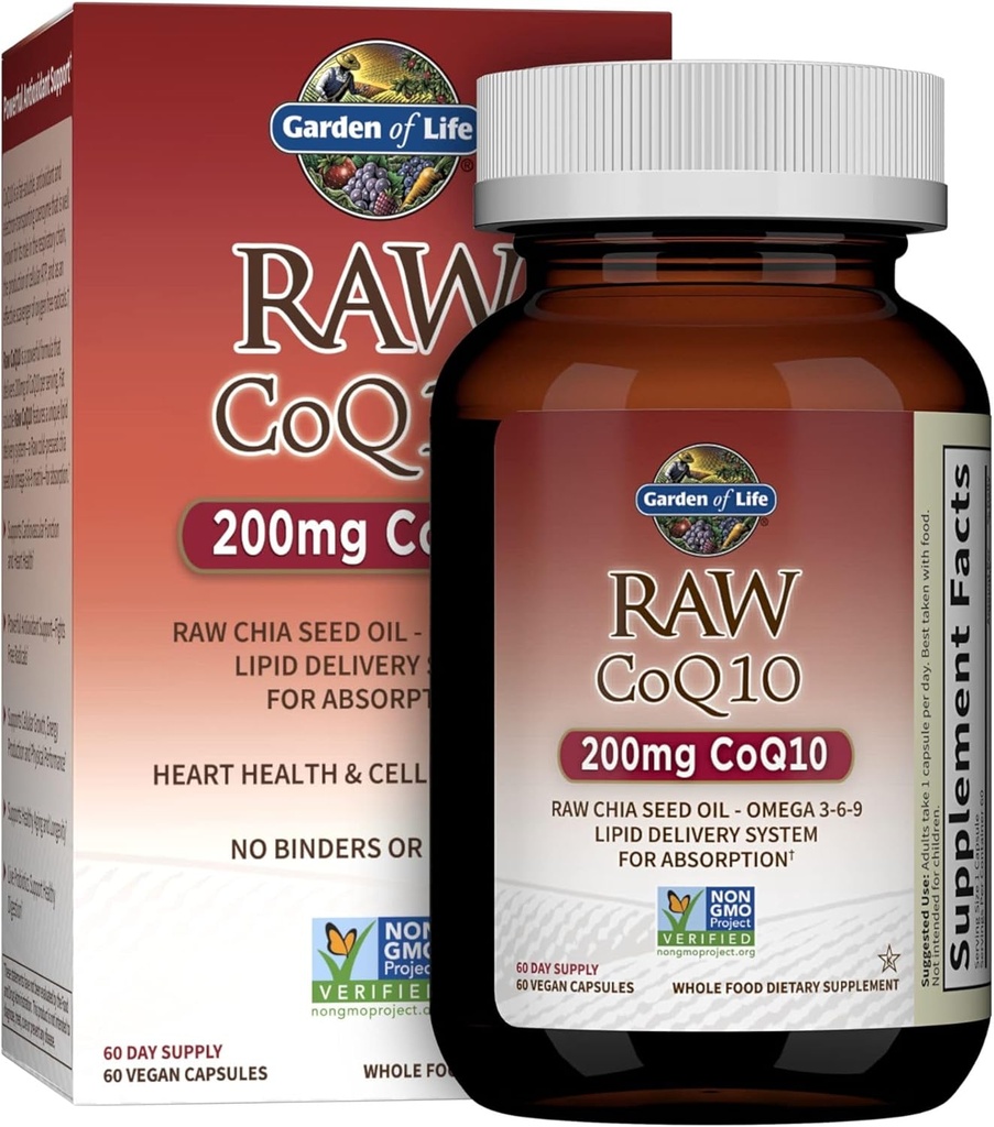 Garden of Life CoQ10 200mg, Vegetarian Omega 3 6 9 Supplement Raw Co Q 10 Chia Seed Oil, Whole Food Nutrition with Antioxidant Support, Coenzyme q10 Supplement for Heart Health, 60 Capsules