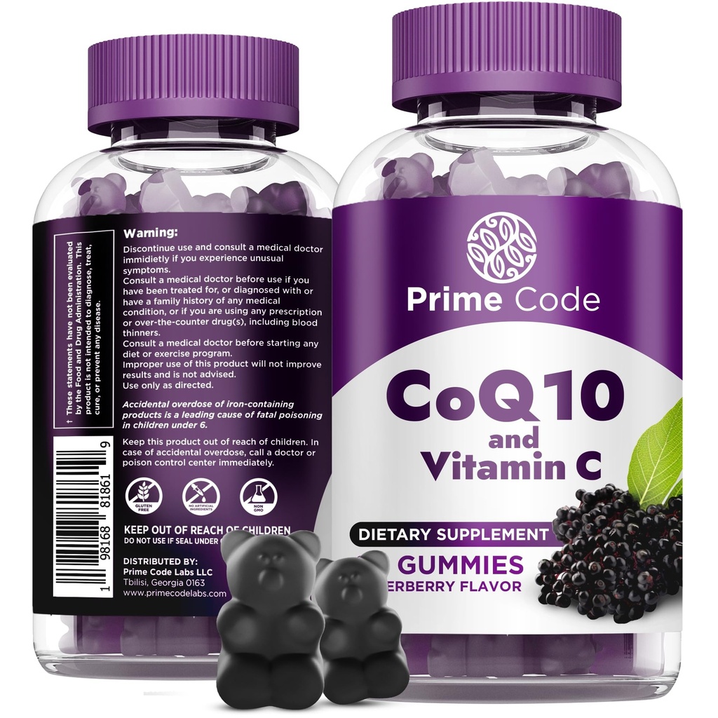 Prime Code CoQ10 200mg &amp; Vitamina C 250mg Gummies – Antioxidante &amp; Immune Support – Heart & Energy Supplement for Adults – Vegan, Non-GMO, Gluten-Free – Elderberry Flavor – 60 Gummies