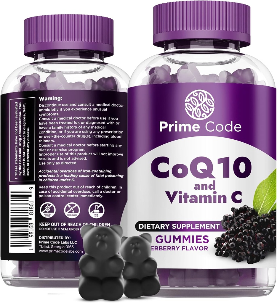Prime Code CoQ10 200mg &amp; Vitamina C 250mg Gummies – Antioxidante &amp; Immune Support – Heart & Energy Supplement for Adults – Vegan, Non-GMO, Gluten-Free – Elderberry Flavor – 60 Gummies