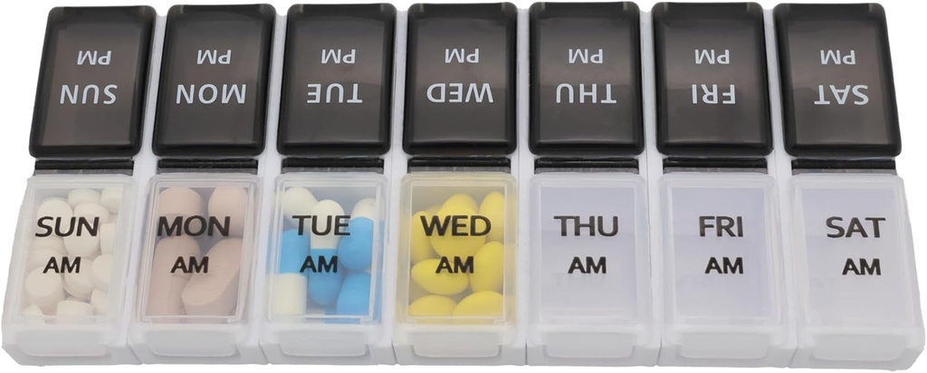 7 Días Píldora semanal AM Organizador, ShysTech Caja grande de Píldora para Píldoras/Vitamin/Suplementos/Medicación (Separable, Pequeño Negro/White)