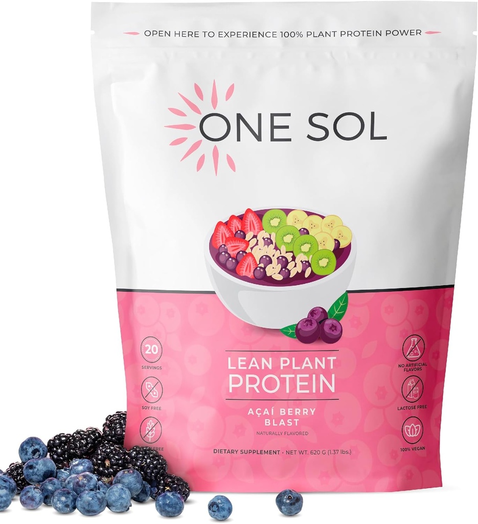 One Sol Lean Plant-Based Protein Powder, Pea & Brown Rice Protein, Low Carb, Vegan Friendly - Gluten, Lactose, & Soy Gratis - No Añadido Sugar, Non-GMO, Clean Nutrition, No Bloating (Acai Berry Blast)