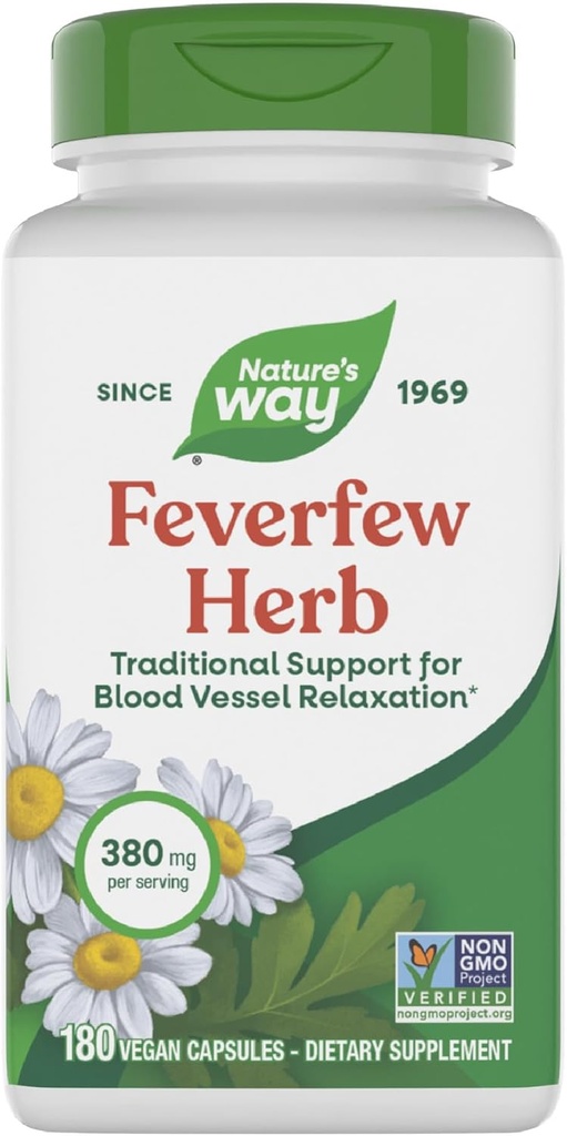 Camino de la Naturaleza Feverfew Herb, Apoyo Tradicional para la Relajación de los vasos sanguíneos*, 380 mg por Serving, Proyecto No-GMO Verificado, 180 cápsulas Vegan Feverfew (Paquete May Vary)