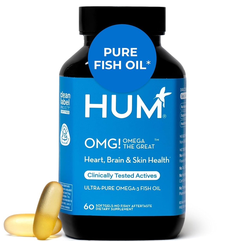 HUM OMG! Omega el gran triple Omega 3 suplemento de aceite de pescado para hombres de mujeres con vitamina E, DHA &amp; EPA, cuidado de piel &amp; tono de piel Apoyo para el corazón &amp; salud cerebral, sin gluten, no GMO, 60 Softgels