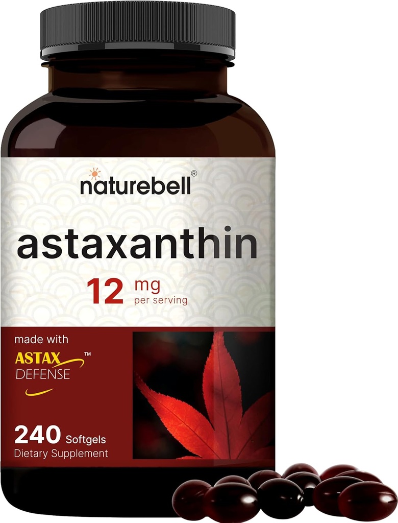 NatureBell Astaxanthin 12mg, 240 Softgels ← Antioxidante natural de Microalgae (AstaX) ← Soporta el ojo, la piel y la salud celular ← Max Strength, 4 Month Supply ← Non-GMO, Gluten Free