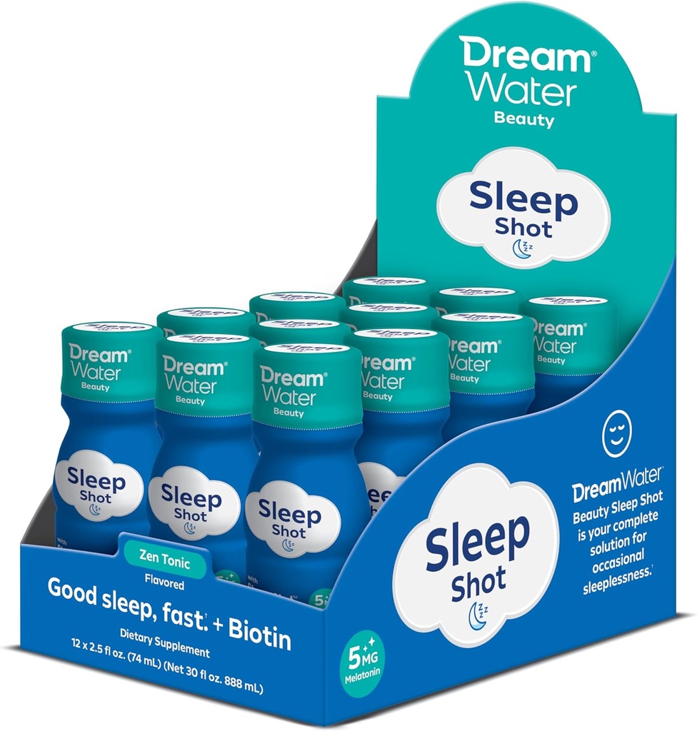 Dream Water Beauty Sleep Aid Drink Suplemento; Melatonin 5mg, GABA, 5-HTP, Plus Biotin for Healthy Skin, Hair and Nails; 2.5 oz Liquid Sleep Shots, Zen Tonic 12-Count