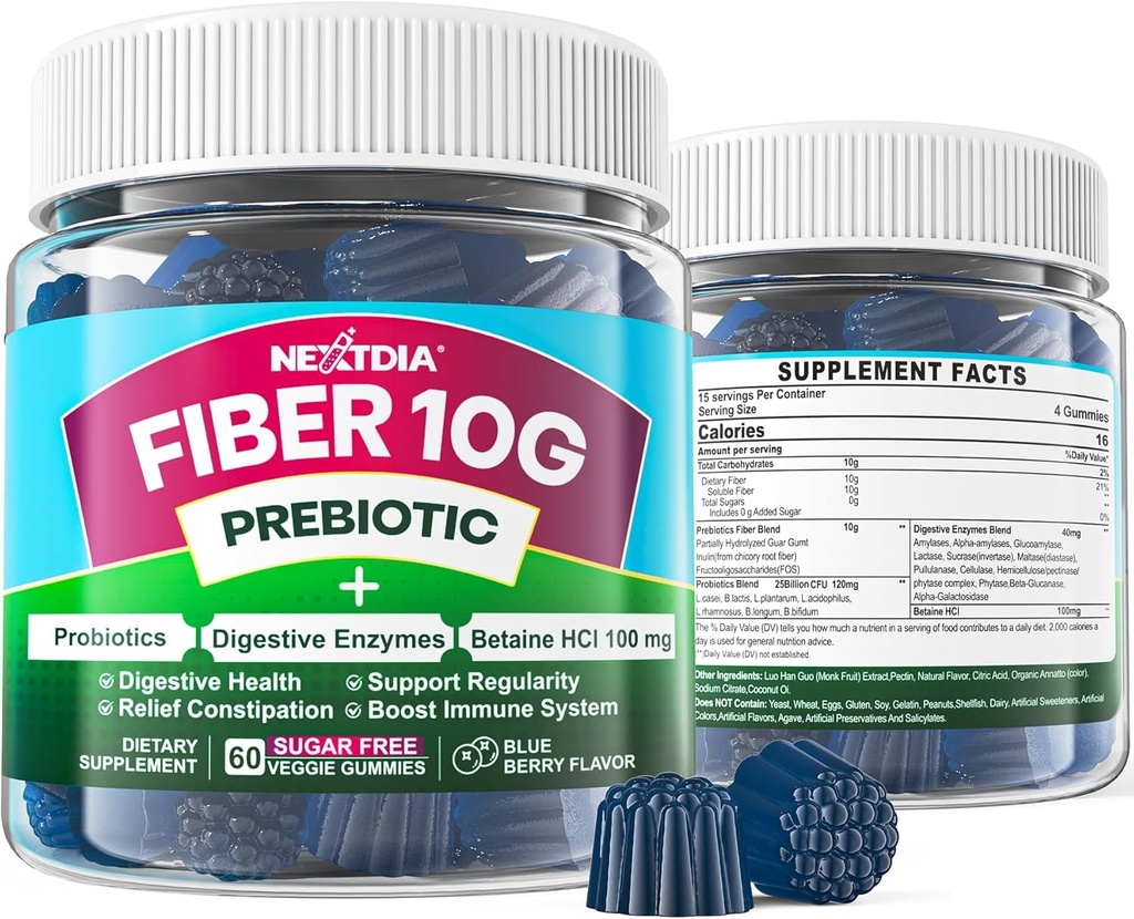 Gummies de fibra para adultos, azúcar gratis 10g Suplemento de fibra prebiótica con enzimas digestivas, probióticos &amp; 100 mg Betaine para el movimiento digestivo " Gut Health and Regulate Bowel, Vegan, Gelatin Gratis, 60ct