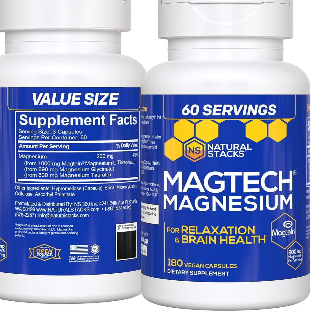 MagTech Magnesium Supplement - 3 Forms of Magnesium: Magtein L-Threonate, Glycinate & Taurate - Complejo de Magnesio Chelated de 200 mg - Supports Relax &amp; Brain Health - 180 Capsules