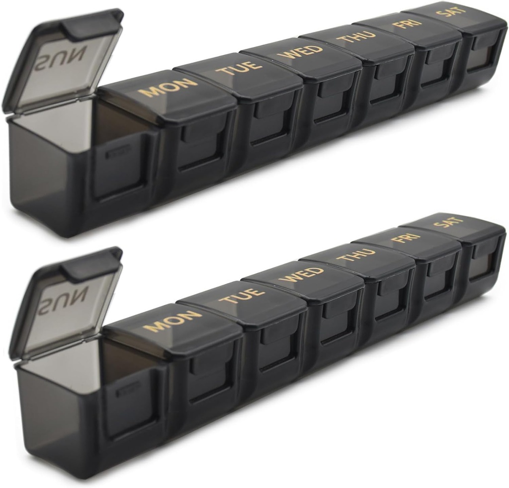2 Pack organizador semanal de píldoras, gran caso de 7 días, caja de medicina de caso de vitaminas diarias, contenedores de píldoras AM/PM para suplementos de medicina Petróleo de pescado (Negro)