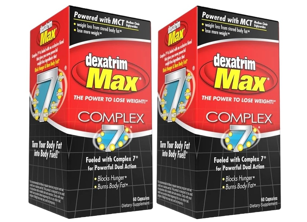 ILIOS Dexatrim Max Complex-7 tención píldoras para perder peso - 7 potentes ingredientes para reducir el hambre y grasa corporal, suplementos quemadores de grasa, píldoras para perder peso para hombres &amp; mujeres, 2 paquetes w / 60 cápsulas cada uno