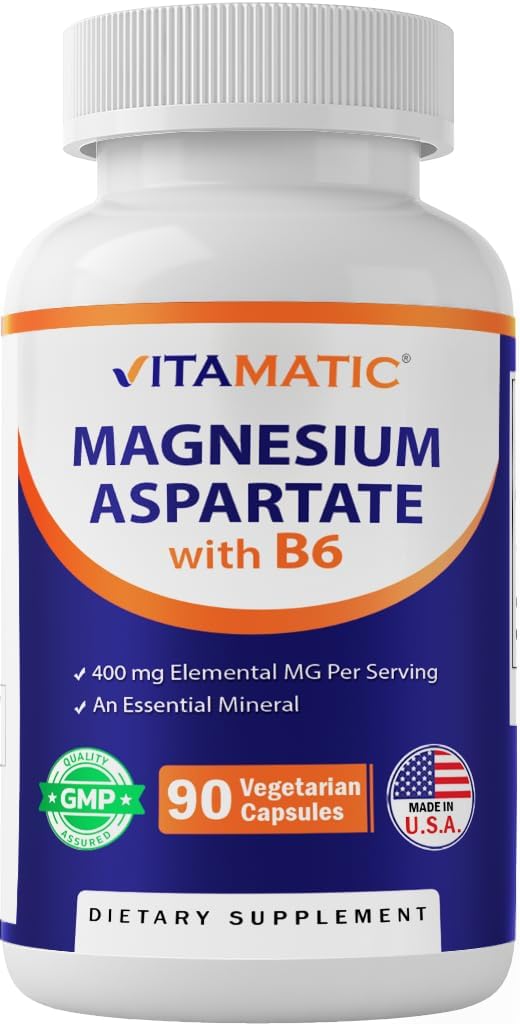 Vitamatic Magnesium Aspartate 400mg per Serving - 90 cápsulas vegetarianas - Añadido B6 para la absorción máxima - Apoya el músculo, la articulación y la salud cardíaca*