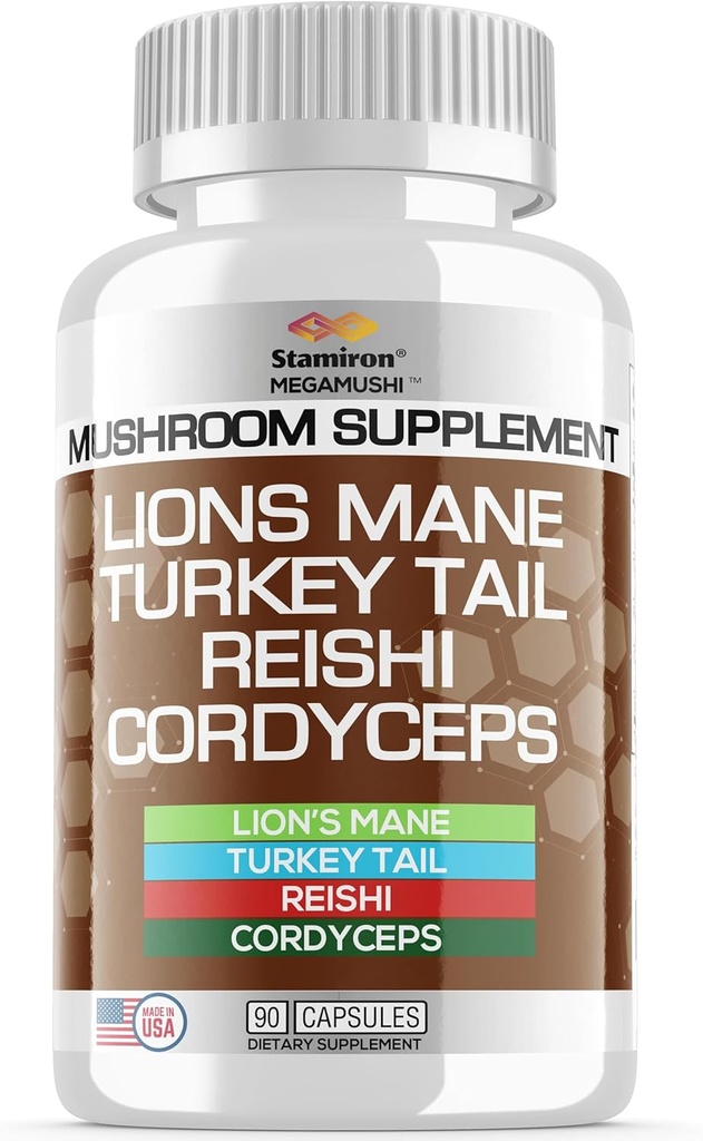 Stamiron Lions Mane Suplemento Turquía Tail Mushroom Capsules con Cordyceps Extracto &amp; Reishi Mushrooms - Alt a Mushroom Gummies, Mushroom Powder, Café de hongos - 90 Condes
