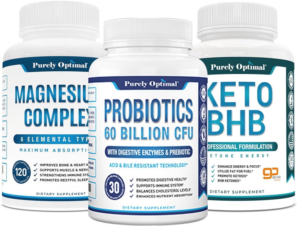 Suplemento Complejo de Magnesio - Citrate, Malate, Taurate, Oxide, Bisglycinate Chelate, Aspartate + Probióticos 60 Billion CFU + Keto BHB Exogenous Ketones Suplemento