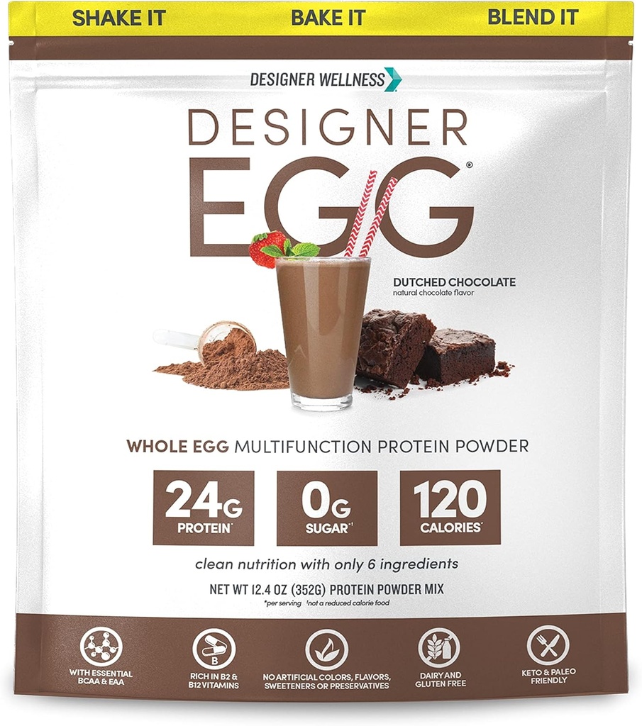 Designer Wellness, Designer Egg, Natural Egg Yolk &amp; White Protein Powder, Keto y Paleo Friendly, Low Calorie, Less Fat y Cholesterol, Dutch Chocolate, 12.4 Ounce