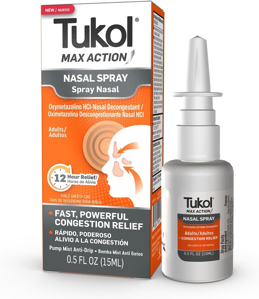 TUKOL Max Action Nasal Spray, Oxymetazoline Nasal Decongestant Spray for Adults, Fast Stuffy Nose & Sinus Congestion Relief, 12-Hour Nose Spray Decongestant, 0.5 fl oz