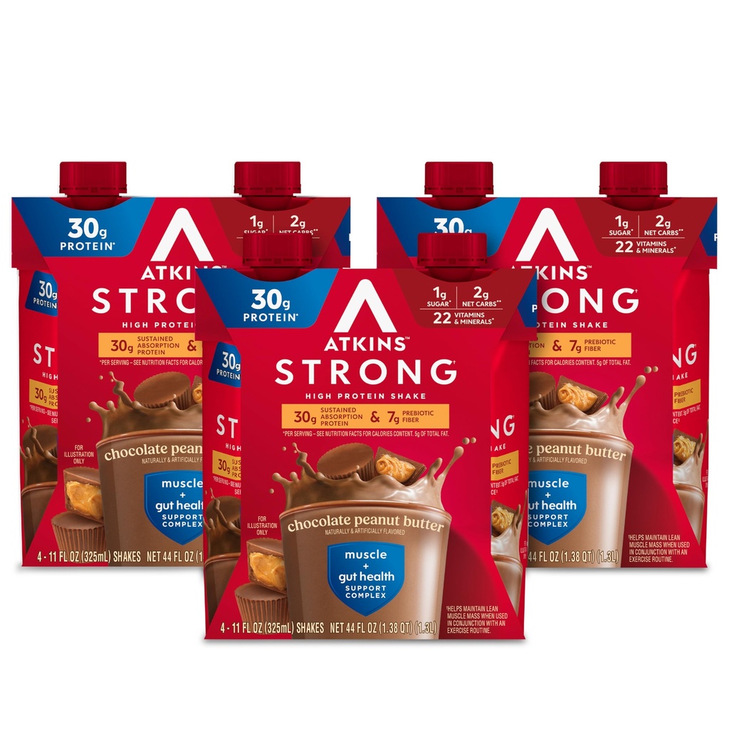 Atkins Strong High Protein Shake, Chocolate Peanut Butter Flavor, 30g Protein, GLP-1 Support, Low Carb and Low Sugar Shake, Keto Friendly, Gluten Free, Muscle and Gut Health Support, 12 Count
