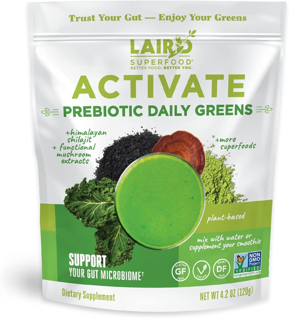 Superalimentos Laird Activar Prebióticos Verdes Powder Suplemento de Bebida, Himalayan Shilajit Polvo y Mushrooms funcionales, soporta el microbioma Gut, 4.2 bolsa de Oz, Pack de 1