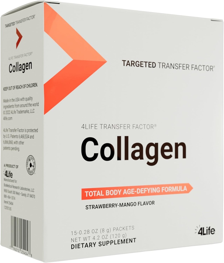 4Life Factor de Transferencia Collagen - Fórmula con Vitaminas y 5 Tipos de Collagen - Peluquería, Esquí y Soporte de uñas - 15 Packets