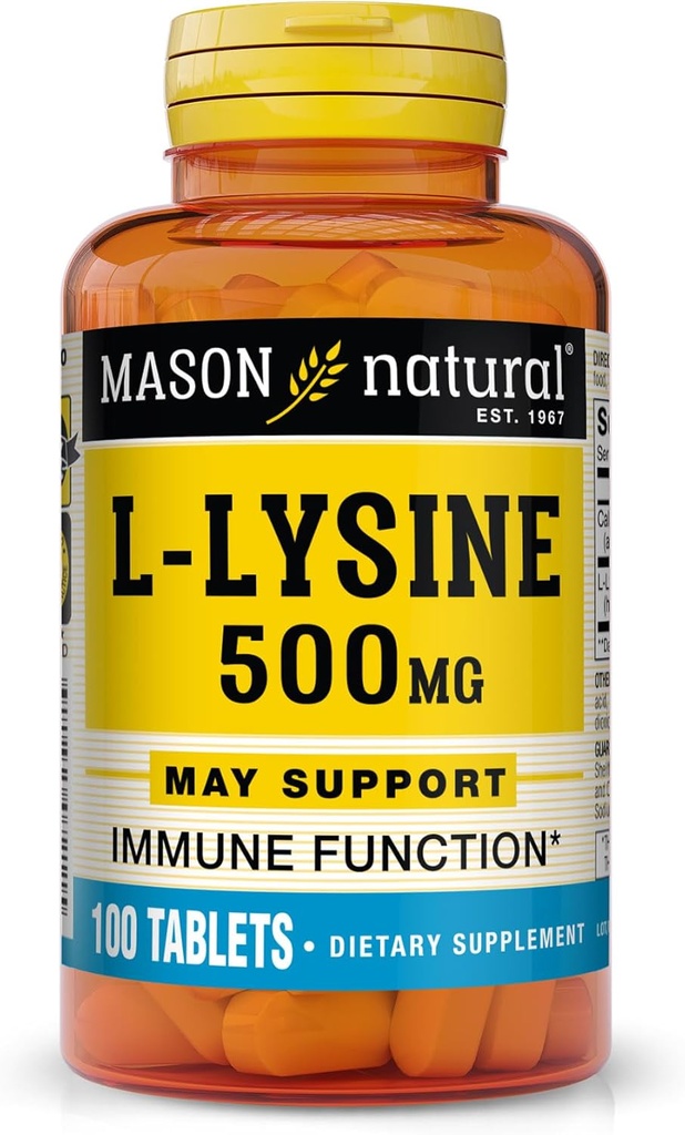 MASON NATURAL L-Lysine 500 mg con Calcio - Función mejorada de inmuno, absorción de nutrientes mejorada, ácido esencial, 100 tabletas