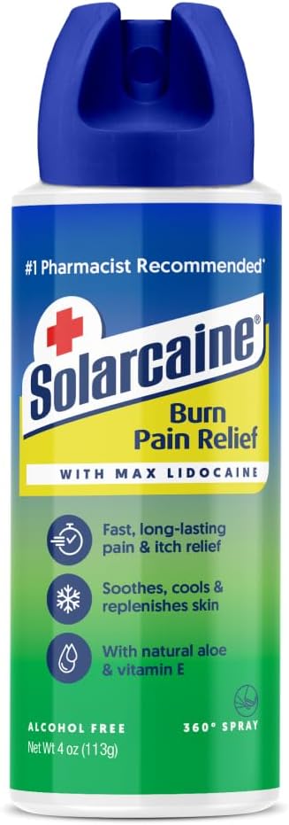 Solarcaine Aloe Sunburn Relief Spray con 4% Lidocaine - Después de Sun Care Relief for Burns, Scrapes & Itch - Aloe Spray to Soothe, Cool &amp; Replenish Skin - 4oz