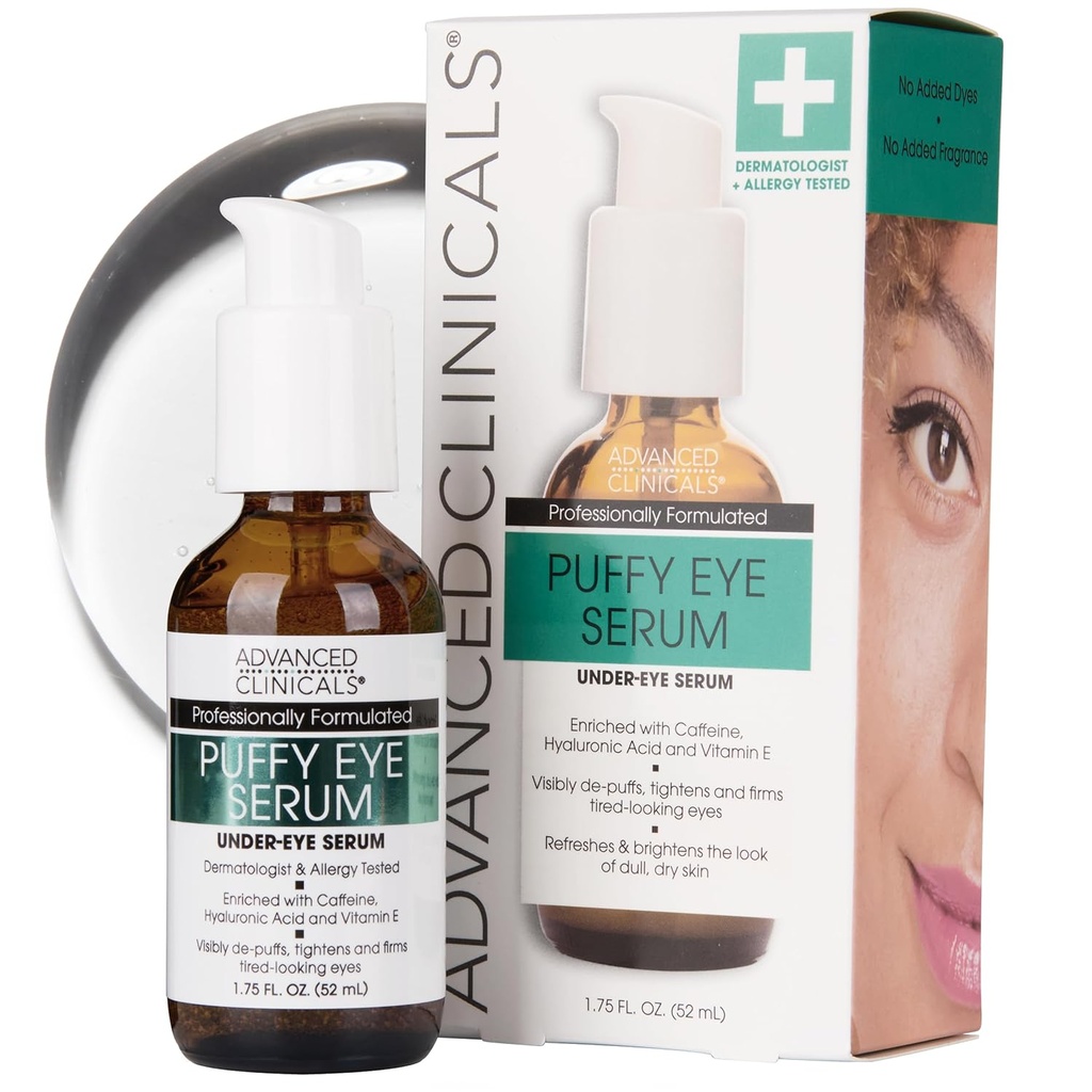 Advanced Clinicals Puffy Eye Under Eye Serum | Visible Anti Aging Brightening Vitamin C + Caffeine Serum Helps Improve Look Of Puffiness, Fine Lines, Dark Circles, & Uneven Skin Tone, 1.75 Fl Oz