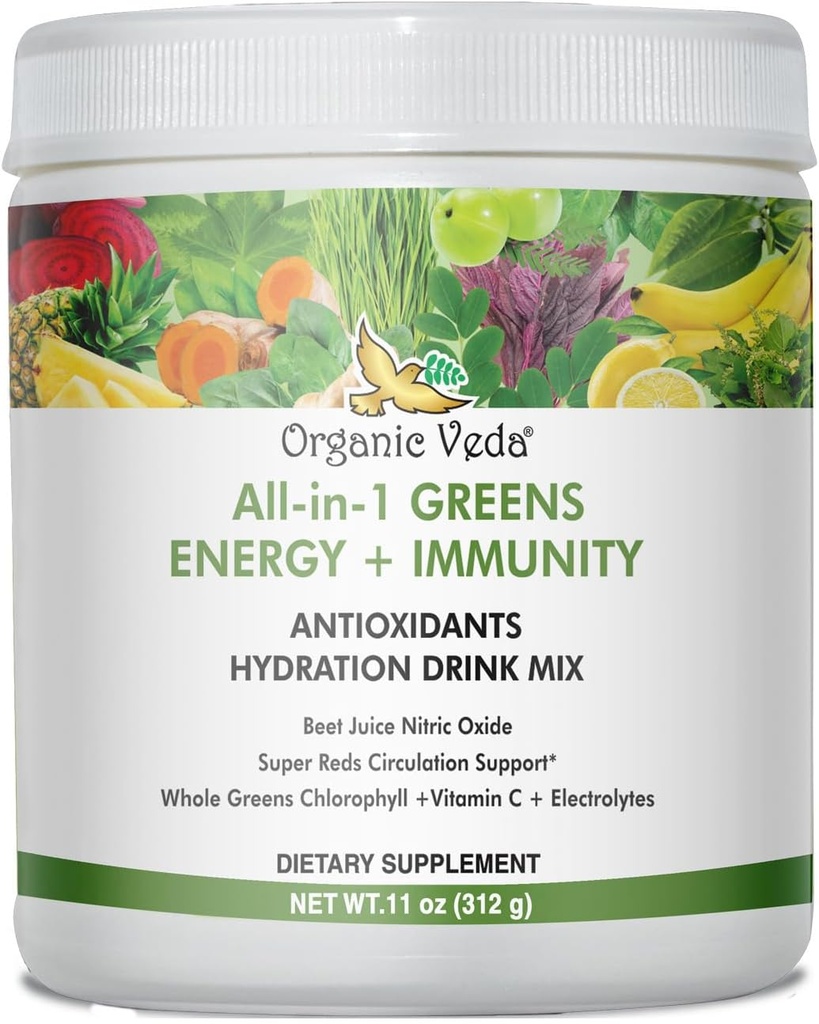 Ecológico Veda Super Greens Antioxidante Hidration Drink Mix Powder con electrolitos para la energía, inmunidad - Daily Organic Superfoods Chlorophyll, Beet, Moringa, Clorella, Spirulina, Turmérica - 11 oz