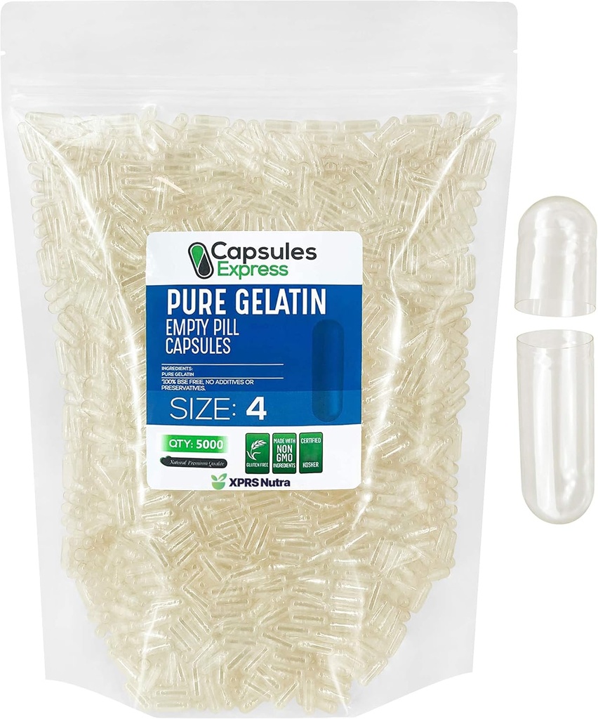 XPRS Nutra Size 4 Empty Capsules - 5000 Conde Clear Empty Gelatin Capsules - DIY Capsule Filling - Fillable Pure Bovine Pill Gel Caps Pills for Do-It-Yourself Suplementos