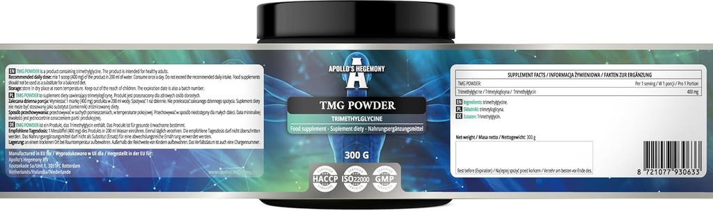 APOLLO'S HEGEMONY TMG Powder 300g - Betaine - 2000mg Trimetilglycine per Serving - 150 Servings per Pack - No additives - Branched Chain Amino Acids - Metabolite Support