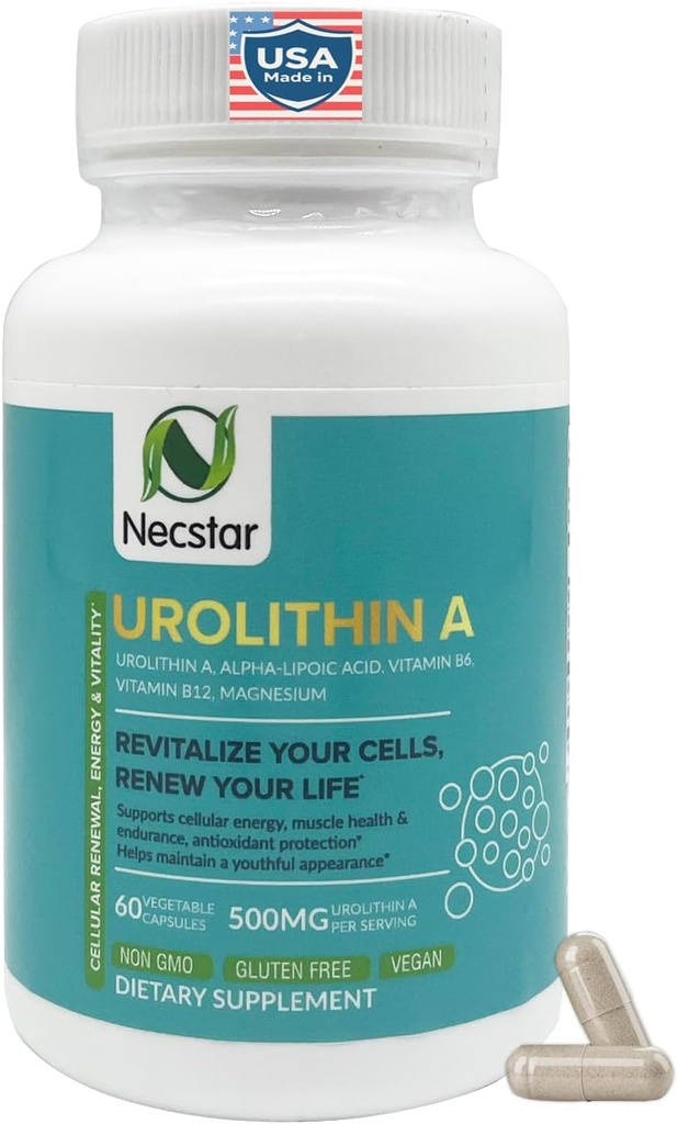 Necstar Urolithin A Supplement – Cellular Energy &amp; Mitocondrial Support – with Alpha-Lipoic Acid, Vitamina B6, B12 &amp; Magnesium – 60 cápsulas Vegan, Gluten-Free
