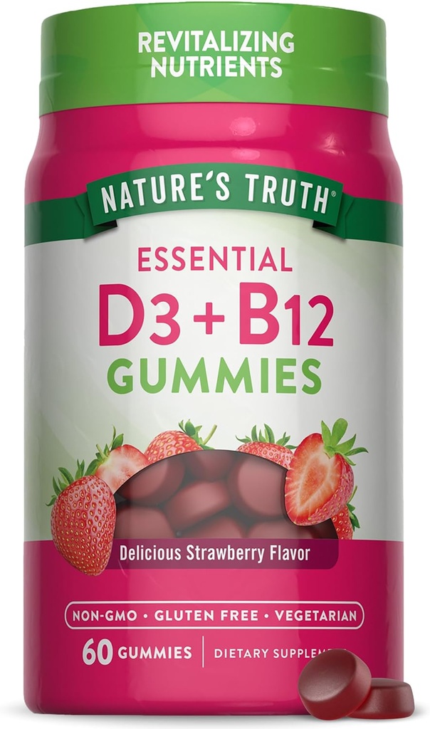Verdad de la naturaleza Vitamina D3 y B12 Gummies for Adults ← 60 Conteo Silencio Fresa Sabor Silencio Vegetariano, No GMO &amp; Gluten Suplemento Gratis