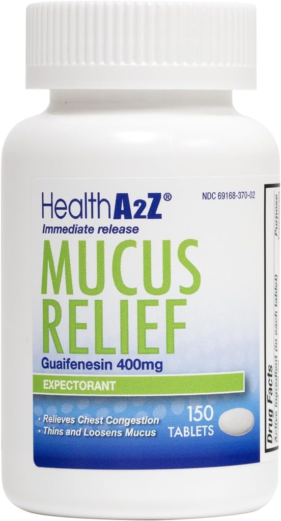 HealthA2Z® Mucus Relief | Guaifenesin 400mg | Immediate Release Expectorant | Chest Congestion & Mucus Relief | 150 Tablets
