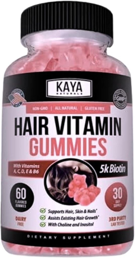 Kaya Naturals Crecimiento del cabello Gummies - Biotina 5000mcg Vitaminas para el cabello saludable, la piel y las uñas - Suplemento de belleza para mujeres o hombres - 60 Conde - Blueberry Flavor