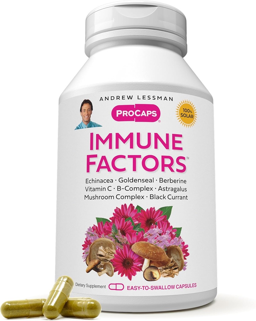 ANDREW LESSMAN Immune Factors 60 Capsules - Echinacea, Goldenseal, Vitamina C, Astragalus, Berberine, Mushroom Blend, Black Currant. Supports and Promotes Immune System and Natural Defenses