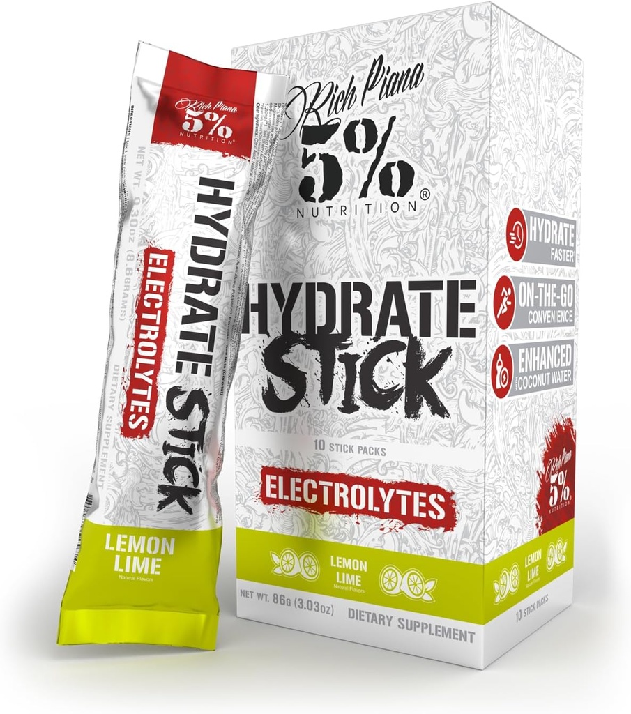 5% Nutrición Hydrate Stick Hydration Packets ← Sport Electrolyte Powder Mix Packets with Coconut Water TEN 2-Pack TEN (Blueberry Lemonade + Lemon Lime)