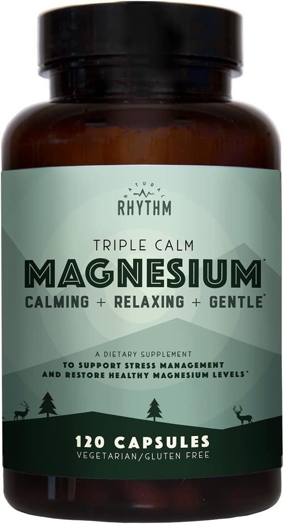 Natural Rhythm Triple Calm Magnesium 150 mg - 120 cápsulas – Magnesium Complex Complejo Suplemento compuesto con Magnesium Glycinate, Malate y Taurate. Calming Blend for Promoting Rest and Relaxation.